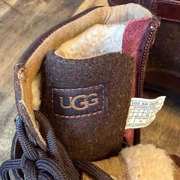 UGG Kesey Boot Leather Lace Up Shearling Lined Waterproof Chestnut Brown Size 7 - Picture 9 of 10